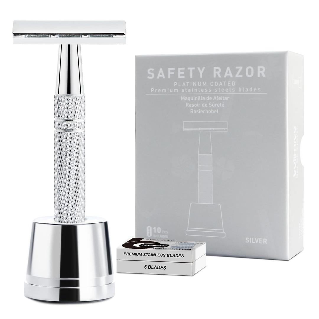 Double Edge Safety Razor with Stand, Single Blade Razors for Men and Women, Metal 1 Blade Razor, with 10 Platinum Coated Stainless Steel Double Edge Blades, Smooth and Close Shave, Silver