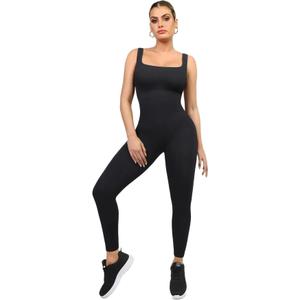 Popilush Jumpsuits for Women Built-In Bra Square Neck Ribbed Bodycon Workout Seamless Leggings Rompers Bodysuits Medium