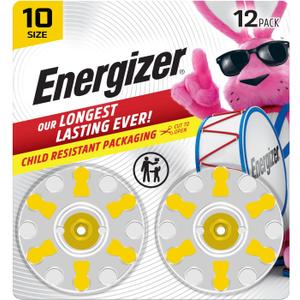 Energizer Hearing Aid Batteries Size 10, Yellow Tab, 12 Pack