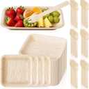 Potchen 50 Set 6 Inch Palm Leaf Plate Set Compostable Grease Resistant Square Plates and Wooden Forks Natural Disposable Biodegradable Dinnerware Tableware