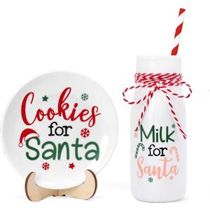 Nefelibata Cookies for Santa Plate Milk Jar Set, Christmas Tiered Tray Decor, Ceramics Xmas Treat Plate Home Kitchen Dining Table Decor Holiday Housewarming Gift
