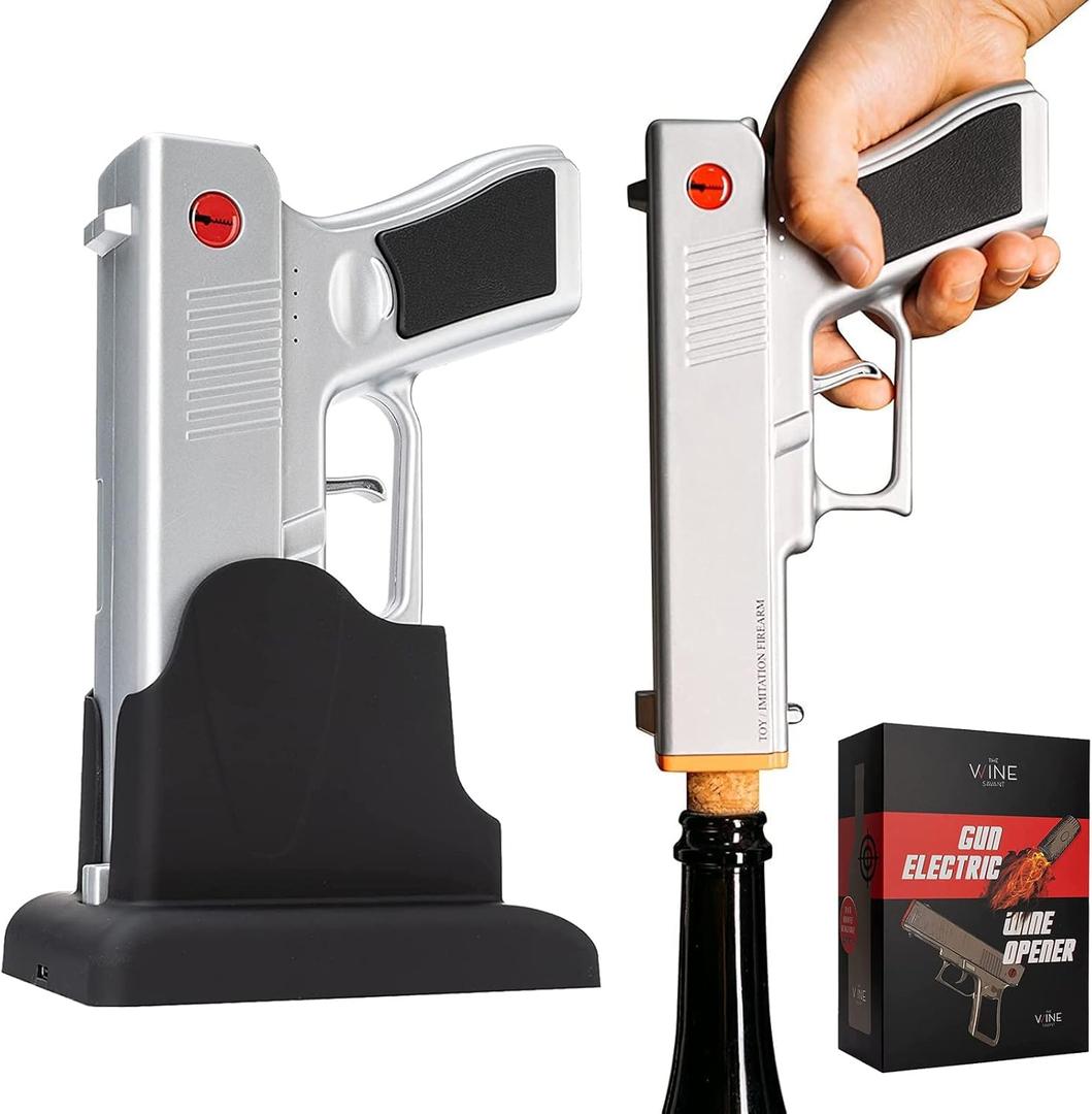 Electric Gun Wine Opener - Corkscrew Wine Opener-Rechargeable Battery, Open Wines Electronic Cork Puller - Unique Anniversary Birthday Gifts for Him, Wine Gifts for Men, Winter Gun Lovers Gifts (Silver)