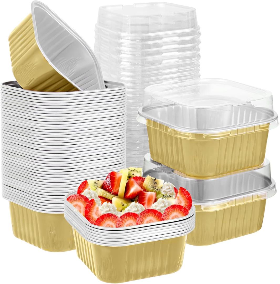 50 Pcs Aluminum Foil Mini Square Baking Cups with Lids,5oz Disposable Ramekins Cake Pans,Cupcake Baking Cups Containers for Bread Muffin Brownie Cheesecake,Gold