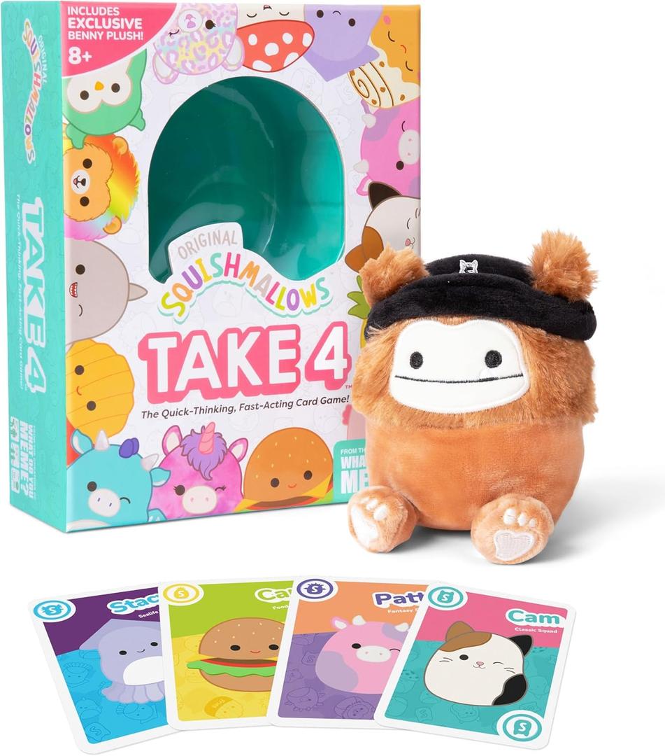 WHAT DO YOU MEME? Squishmallows Take4 by Relatable, Fun Card Games for Family Game Night, Great for Kids Games, Fun Gifts, Includes 1 Exclusive Collectible Squishmallows, 84 Cards, and Instructions