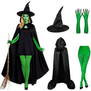 Brikabia Witch Costume for Women Halloween Cosplay with Hooded Cape Witch Hat Gloves Socks Cosplay Props Party Outfits, L