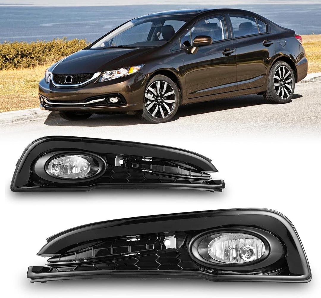 Fog Lights for Honda Civic Sedan 4-Door 2013 2014 2015 with H11 12V55W Halogen Bulbs Fog Lamps Assembly Included Wiring Kit & Switch-1 Pair (Clear Glass Lens)