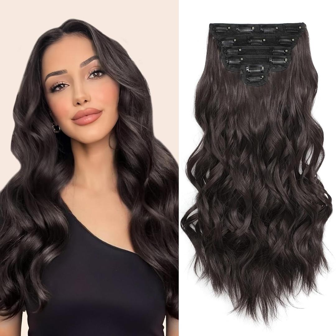 Clip in Hair Extensions, 6 PCS 16 Inch Hair Extensions Clip Ins, Dark Brown Long Wavy Hairpieces(16inch, 6pcs, Dark Brown)