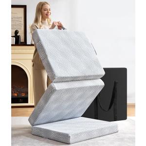 BDEUS Memory Foam Folding Topper 3.95 Inch Small Queen Size with Protable Storage Bag, Trifold Topper Soft Guest Mat Floor Mat for Kids Camping Road Trip, Gray, 58 x 78 Inch