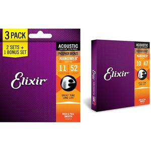 Elixir Strings Acoustic Guitar Phosphor Bronze Strings with NANOWEB Coating, 3 Pack & Strings - Acoustic Phosphor Bronze with NANOWEB Coating - Elixir Acoustic Guitar Strings