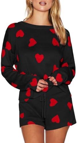 Saodimallsu Womens Valentine's Day Pajama Sets Hearts Print Lounge Set Long Sleeve Sweater and Shorts 2 Piece Outfits Large, Black