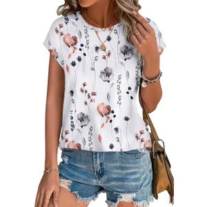 XIEERDUO Womens Tops Short Sleeve Shirts Blouses for Women Dressy Casual Cap Sleeve Tops with Curved Hem (Large, N-white Flower)