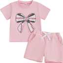 Toddler Baby Girl Summer Outfits Baseball Bow Fuzzy Embroidered T Shirt Top Shorts 2Pcs Baseball Game Day Clothes (Pink)