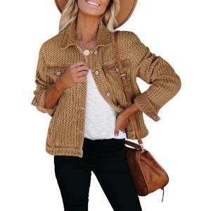 luvamia Jean Jacket Women Trendy Texture Distressed Button Down Long Sleeves Casual Trucker Denim Jackets with Pockets (Medium, Pecan Brown)