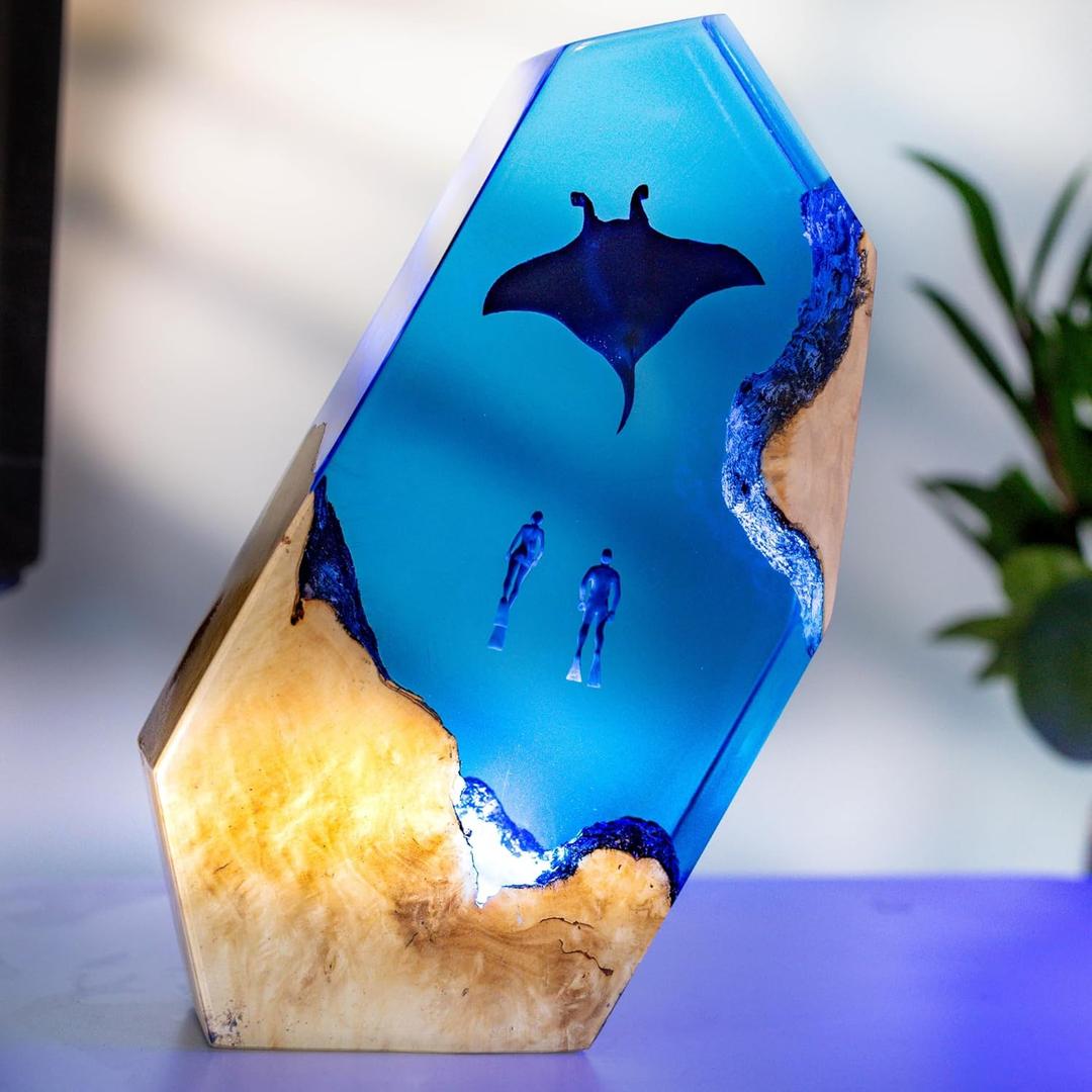 Ocean Resin Lamp  Marine Life Night Light with 16 Color LED, USB Powered Whale Shark & Turtle Desk Lamp with Wooden Base & Remote,Handmade Gift for Christmas, New Year