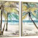 Abstract Palm Tree Paintings Framed: Tropical Seaside Coconut Tree Canvas Painting Golden Framed for Living Room (24''W x 36''H x 2 PCS, Multi-Sized)