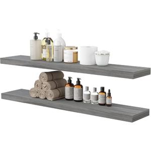 BAMEOS Floating Shelves, Walnut Wall Mounted Wooden Shelves with Invisible Brackets Set of 2, Hanging Wall Shelves Decoration for Bedroom, Bathroom, Living Room and Kitchen (31x7, Walnut Gray)