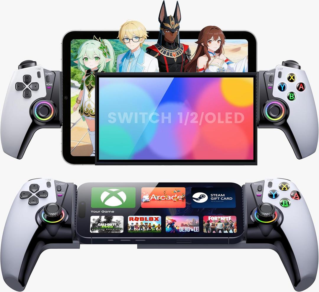 KICKDOT Wireless Phone Controller for iPhone/Android/iPad Mini With Hall Joystick, LED Mobile Gaming Controller for iOS Support Xbox Cloud, Steam Link, GeForce Now, Arcade,Call of Duty, Roblox