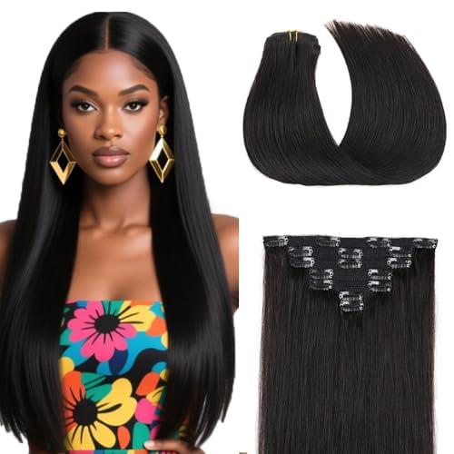 Clip in Hair Extensions Real Human Hair, 26 Inch 120g/7Pcs,Full Shine Remy Hair,1B Natural Black Clip ins Brazilian Virgin Human Hair Extensions