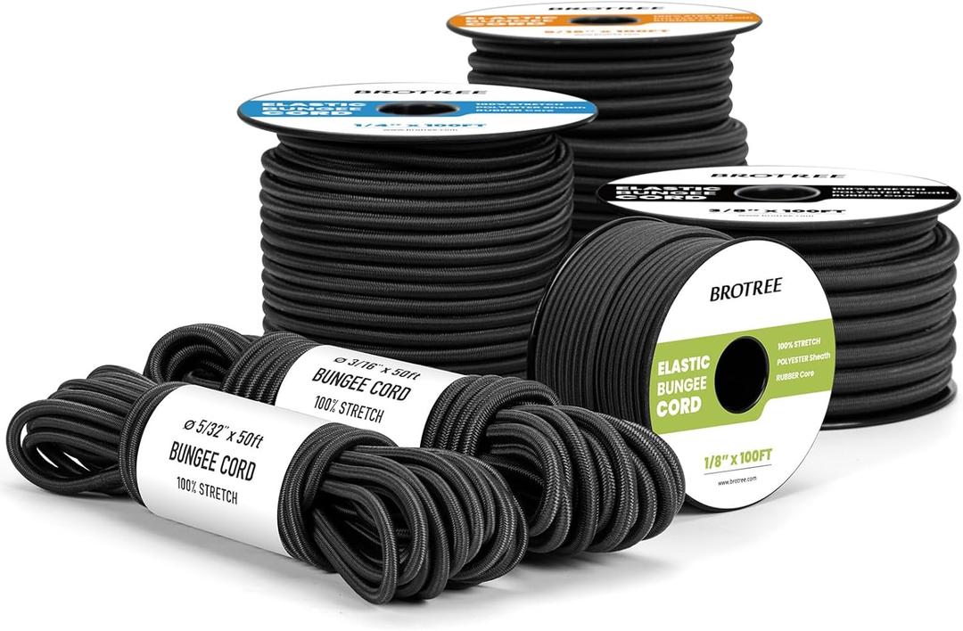 Brotree Marine Grade Bungee Cord 1/8" x 10ft - Elastic Shock Cord 100% Stretch Rope Heavy Duty for Kayak, Tent Pole, Tarp, Tie Down - Black