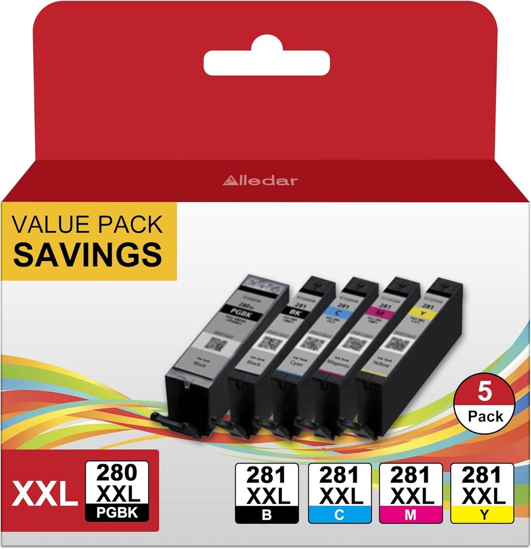 PGI-280XXL/CLI-281XXL 5-Color Value Pack Compatible Ink Cartridge Replacement for Canon PGI280XXL CLI281XXL 280XXL 281XXL to Work with TR860a TS702a TR7520 TR8520 TS6120 TS6220 (5 Pack)