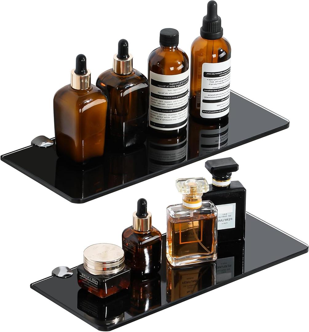 SAYAYO Glass Floating Shelves for Wall, Tempered Glass Shelves for Bathroom, Living Room, Bedroom, Office, Toilet, Kitchen Decor, 12 Inch Set of 2, Black