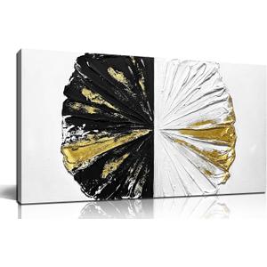 Abstract Wall Art for Living Room Black White and Gold Pictures Wall Decor for Office Circles Painting Wall Art for Bedroom Size 20 x 40 Inch