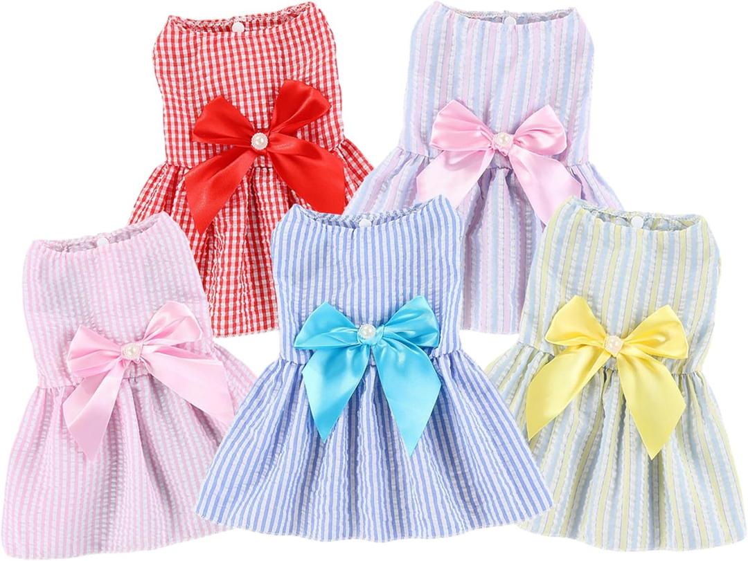 TAPBULL Dog Dresses, Fashionable Pet Dog Clothes, Cute Cat Birthday Dress Outfit (Blue/Red/Pink/Pink-Blue/Yellow-Blue 5-Pack), Small