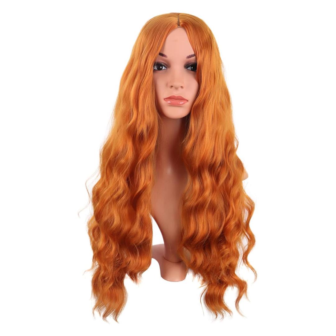 MapofBeauty 28 Inch/70 cm Long Wavy Middle Part with No Bangs Synthetic Fiber Curly Fashion Women Party Cosplay Wig (Orange)