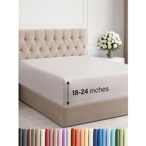 Extra Deep Cal King Fitted Sheet - Hotel Luxury Single Fitted Sheet Only - Easily Fits 18 inch to 24 inch Mattress - Ultra Soft, Wrinkle Free with Extra Deep Pockets - Breathable & Comfy - Light Grey