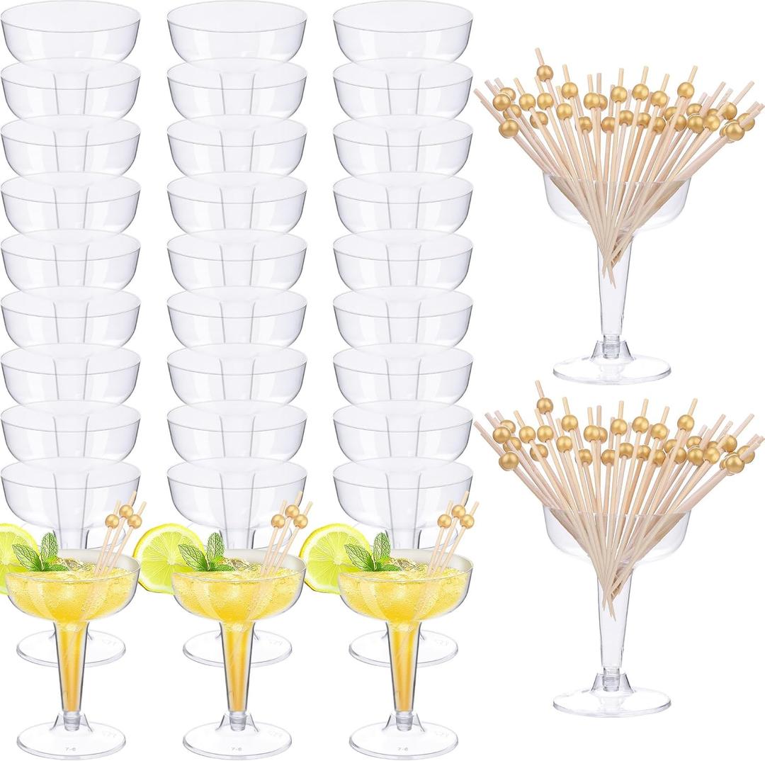 Kochorie 30 Pieces Plastic Margarita Glasses with Cocktail Sticks, 4 Ounces Disposable Champagne Coupe Champagne Tower Glasses Cocktail Dessert Cups for Birthday Wedding Party