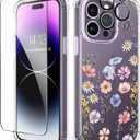 GVIEWIN for iPhone 14 Pro Max Case Floral, with Screen Protector&Camera Lens Protector,[Non Yellowing] Soft Shockproof Clear Phone Protective Cover for Women, Flower Pattern 6.7"(Mallow/Colorful)