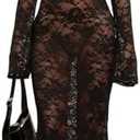 SHENHE Women's Black Lace Mesh Maxi Dress Sheer Sexy Floral Long Sleeve Bodycon Dresses M
