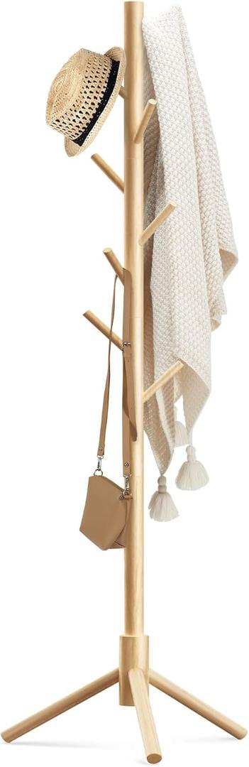 Haddockway Wooden Coat Rack Stand with 8 Hooks New Zealand Pine 3 Adjustable Coat Standing Tree Easy Assembly for Coats, Hats, Scarves and Handbags for Entryway, Hallway, Bedroom, Office (1 PC, Natural)