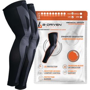B-Driven Sports Full Leg Compression Sleeves, Graduated Compression 20-30mmHg, Thigh to Ankle, Medical Grade, Calf, Knee, Varicose Veins, Running, Sports, Men & Women - 1 Pair (X-Small)