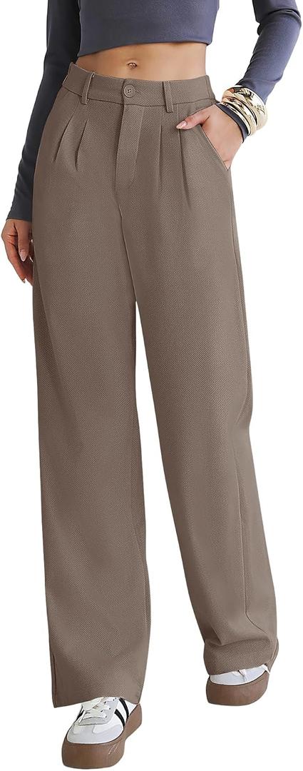 Kistore Womens Pants Wide Leg Thick Warm Pleated Work Slacks Fall Winter Business Casual Trousers for Women with Pocket (M)