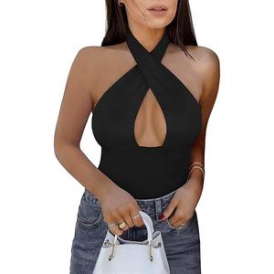 REORIA Butsmooth® Women's Trendy Sexy Criss Cross Halter Neck Sleeveless Thong Bodysuits Tops Clubwear, Size L