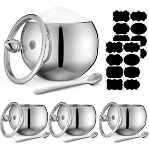 Baderke 4 Sets 16 oz Stainless Steel Sugar Bowl with Lid and Spoon Sugar Container with Tag Sugar Bowl Salt Container with Clear Glass Lid Small Condiment Container for Home and Kitchen Storage