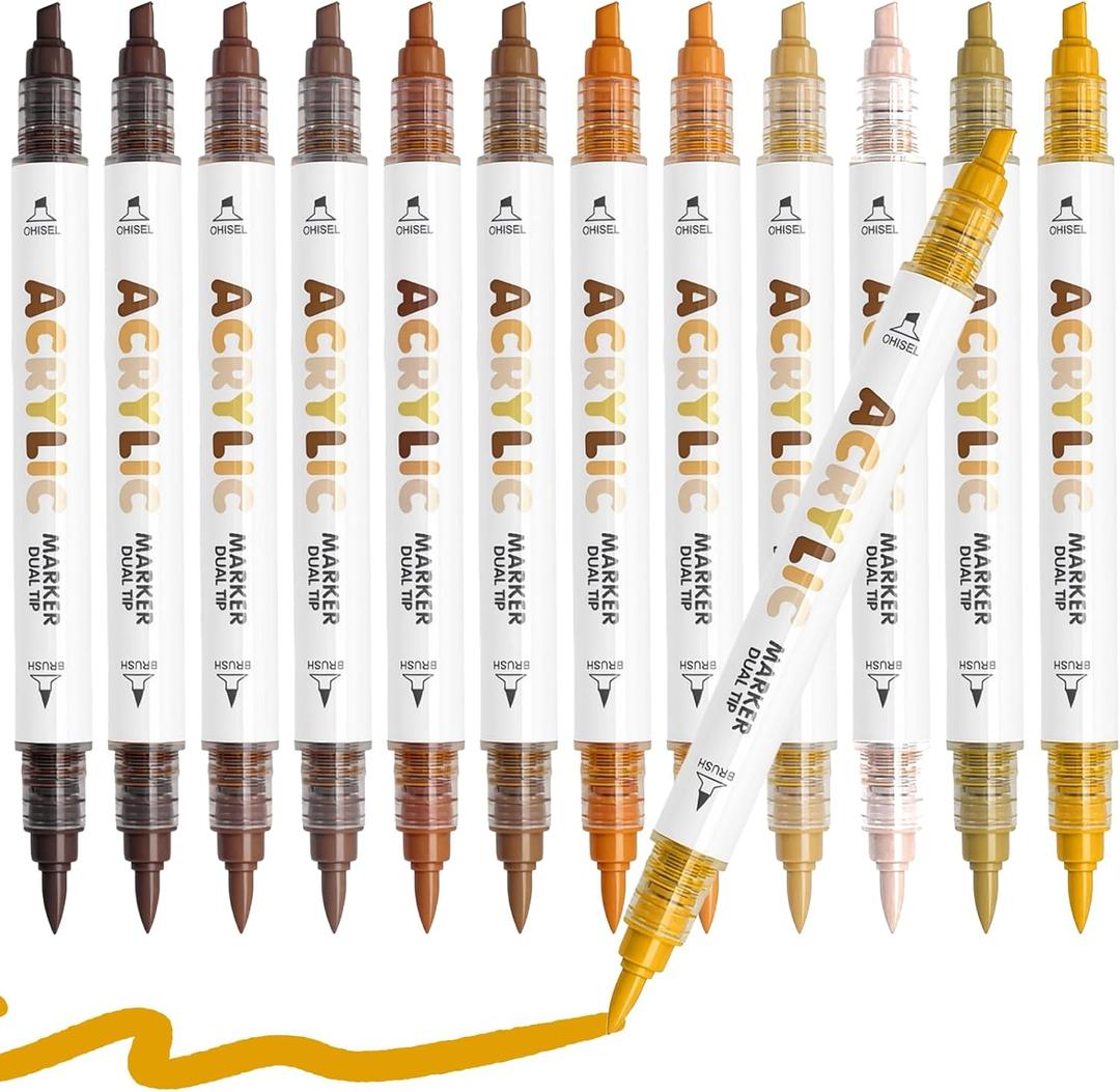 Brown Acrylic Paint Pens, Water Based 12 Colors Dual Tip Acrylic Paint Markers for Rock Painting Wood, Glass, Ceramic, Canvas, Fabric, Stone, DIY Crafts Making Art Supplies
