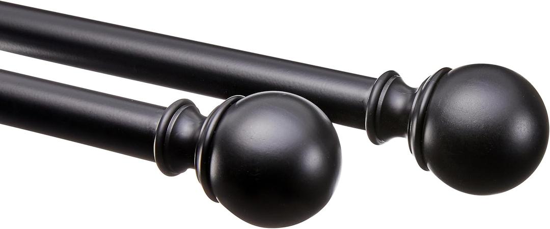 Amazon Basics Adjustable Curtain Rod for Windows with Round Finials, 1-Inch Rod, 36" to 72", Black, 1-Pack