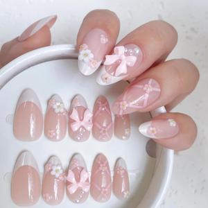Coquette Bow Press-On Nails, 24pcs Blush Pink French Tip Almond Fake Nails with 3D Bow & Pearls, Medium Length Reusable Glue-On Nails Kit for Wedding, Prom & Date