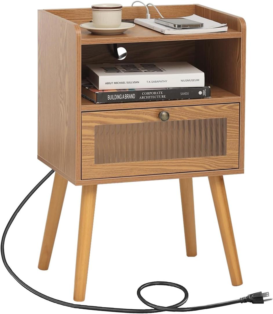 AWASEN Mid Century Nightstand with Charging Station, Modern Bedside Table with Glass Decorative Drawer, Small End Side Table with 2 Tiers Storage for Bedroom, Office and Small Space (Brown)