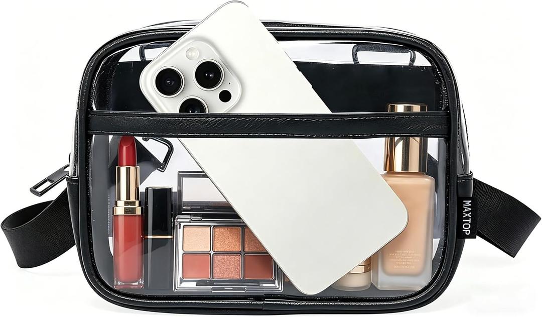 MAXTOP Clear Crossbody Bag for Stadium Events - Clear Fanny Packs for Women Transparent TPU Crossbody Purse with Adjustable Strap for Sports Concerts Game Day Black
