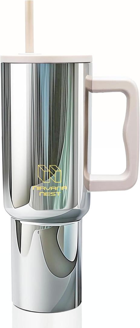 Stainless Steel 40 Oz Tumbler with Handle and Straw | Vacuum Insulated | Silicone Lid | Water Bottle Travel Mug | Gifts for Women Men Him Her | Electrolyte Series | Silver Metallic