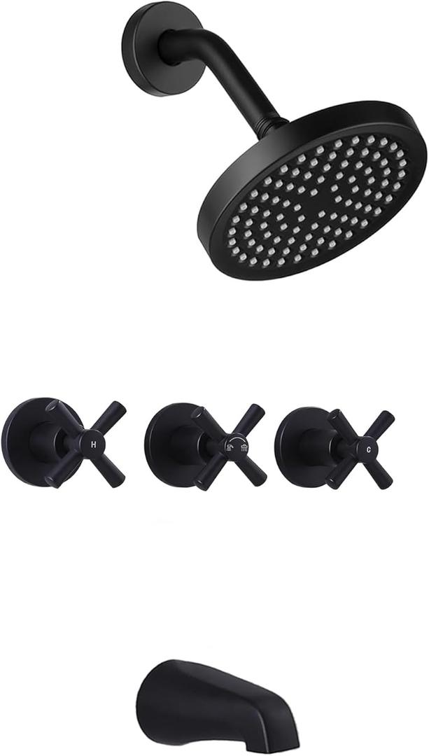 LIWEIKE 3 Handle Tub Shower Faucet, Matte Black Three Handles Shower Faucet Set with Tub and Shower Faucet Combo Rough-in Valve