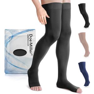 Doc Miller Thigh High Open Toe Compression Stockings 15-20mmHg for Varicose Veins, Pregnancy Support Open Toe Thigh High Compression Socks for Women and Men (Large, Black)