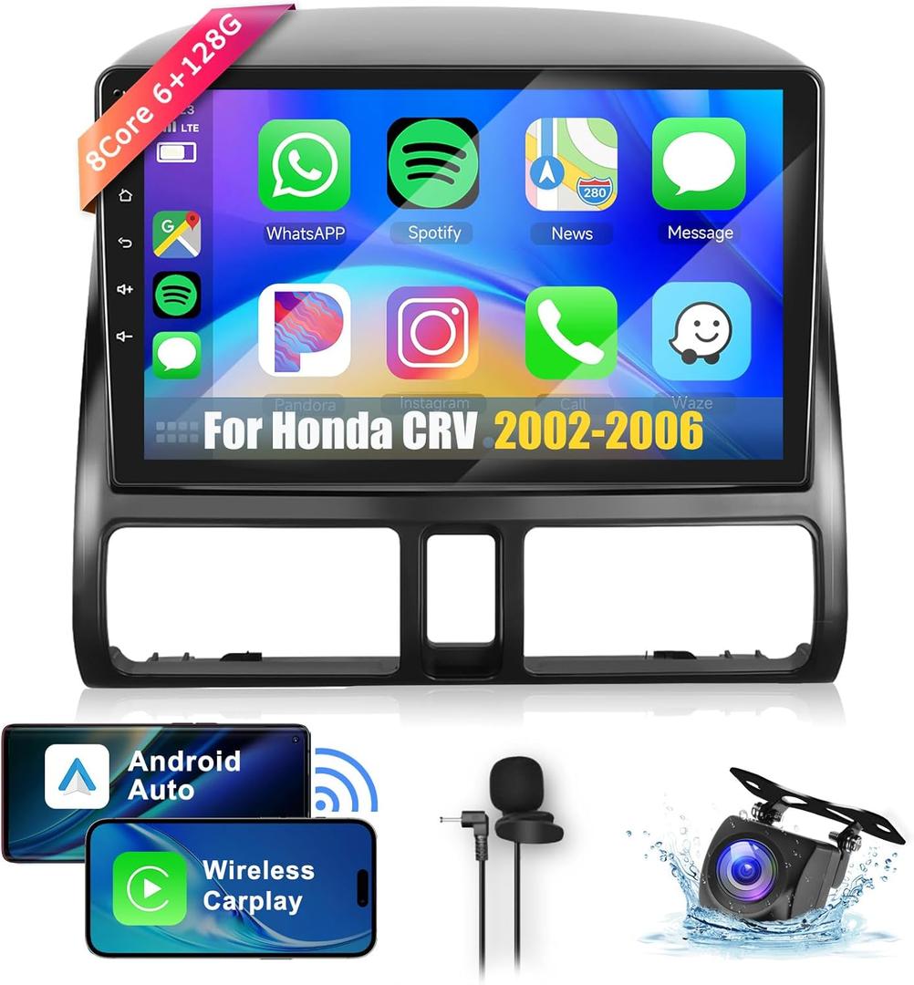 8Core 6+128G Car Stereo for Honda CRV 2002-2006 Wireless Carplay Android Auto,9 inch 1280 * 720P IPS Touch Screen Radio, Android/GPS/WiFi/32EQ DSP/Bluetooth5.0/SWC/Backup Camera