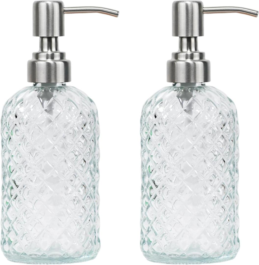 16 oz Diamond Pattern Glass Soap Dispenser, Kitchen and Bathroom Refillable Soap Dispenser with Rust Resistant Stainless Steel Pump for Hand Soap, Lotion Glass Liquid Dispenser(Clear-2pack)