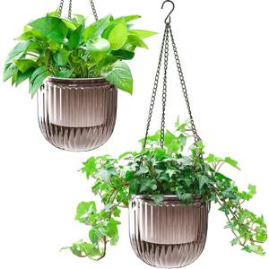 Melphoe 2 Pack Self Watering Hanging Planters Indoor Flower Pots, 6.5 Inch Outdoor Hanging Plant Pot Basket, Plant Hanger with 3Hooks Drainage Holes for Garden Home (Gray)