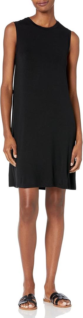 Amazon Essentials Women's Jersey Relaxed-Fit Muscle-Sleeve Swing Dress (Previously Daily Ritual), Black, Large