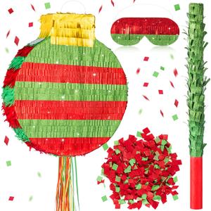 Gemscream 18 Inch Large Round Red and Green Piñata Kit with Stick Blindfold and Confetti Glitter Blank DIY Piñata for Birthday Party Game Wedding Carnival Party Supplies